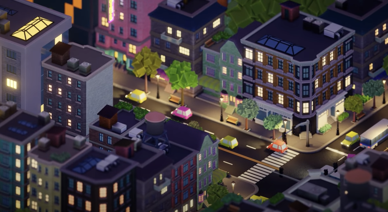Nighttime render of a city in Blender