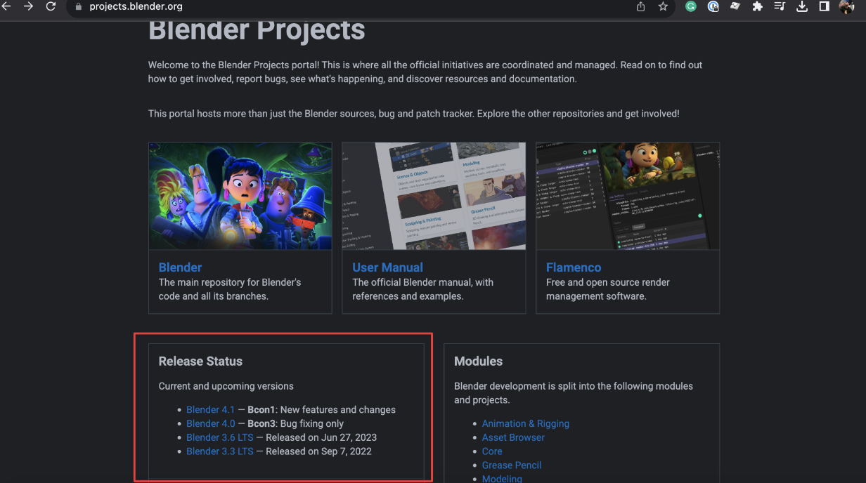 screen shot of blender releases on projects Blender releases